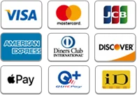 利用可能な支払い方法のロゴ (VISA, Mastercard, JCB, American Express, Diners Club, Discover, Apple Pay, QUICPay, iD)