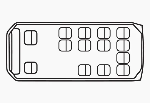 バスの内部座席配置図。すべての座席が表示されています。